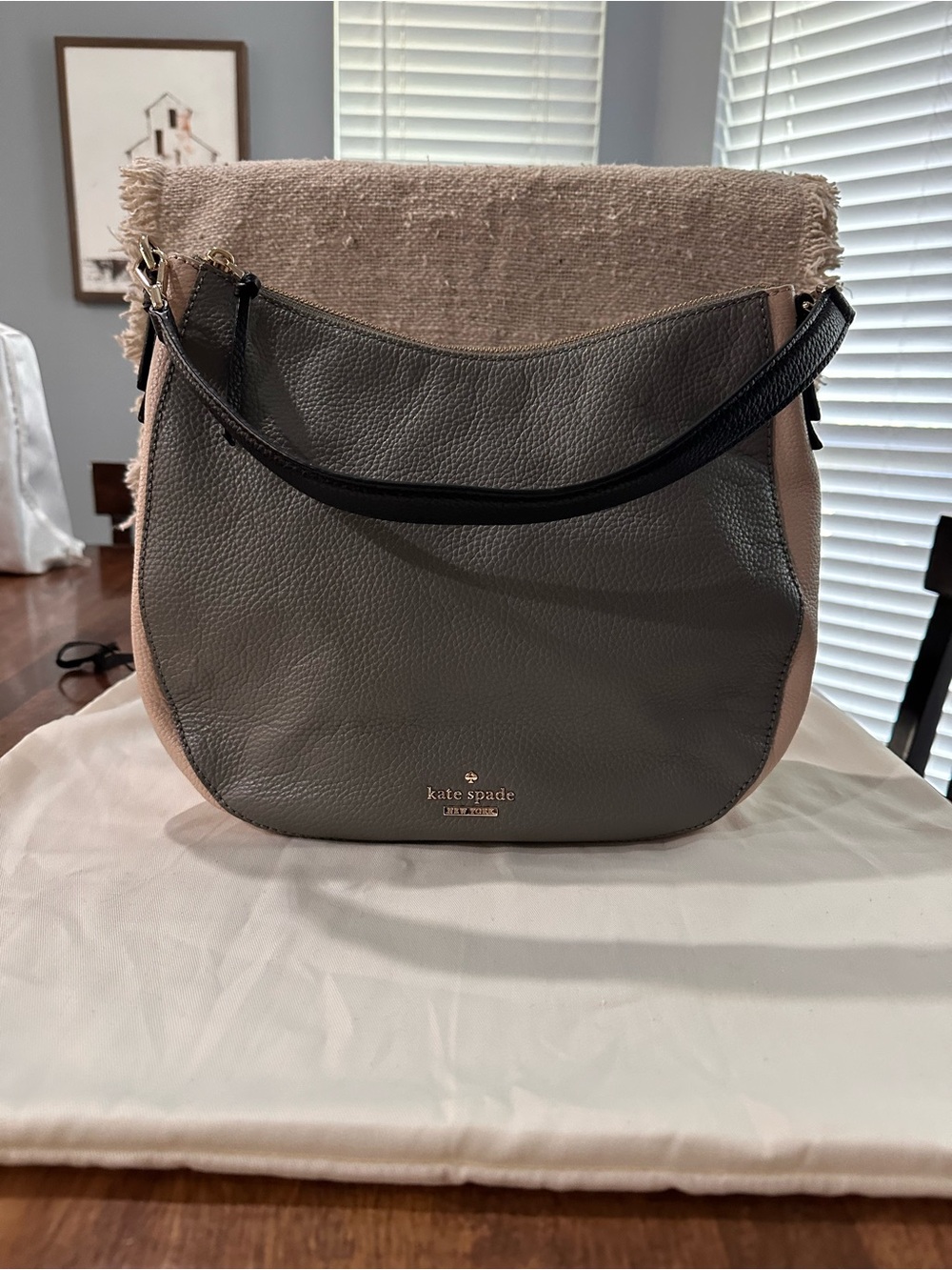 kate spade Gray and Blush Pebbled Leather Shoulder Bag with Black Strap